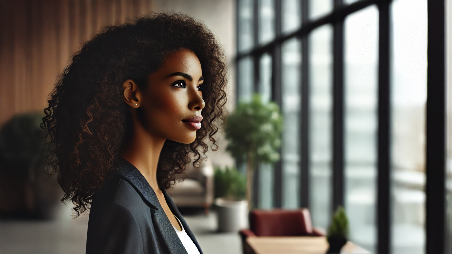 An image of Aldara, an African woman with dark brown skin, curly brown shoulder length hair, wearing a black blazer over a white tank top, looking out of an office window.