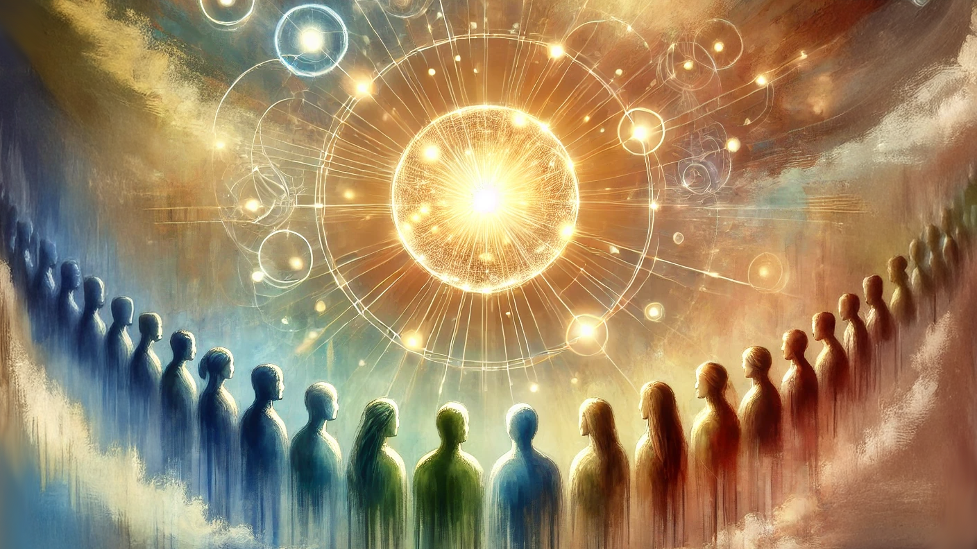 A glowing orb surrounded by a group of diverse individuals, each contributing their light to a collective glow.