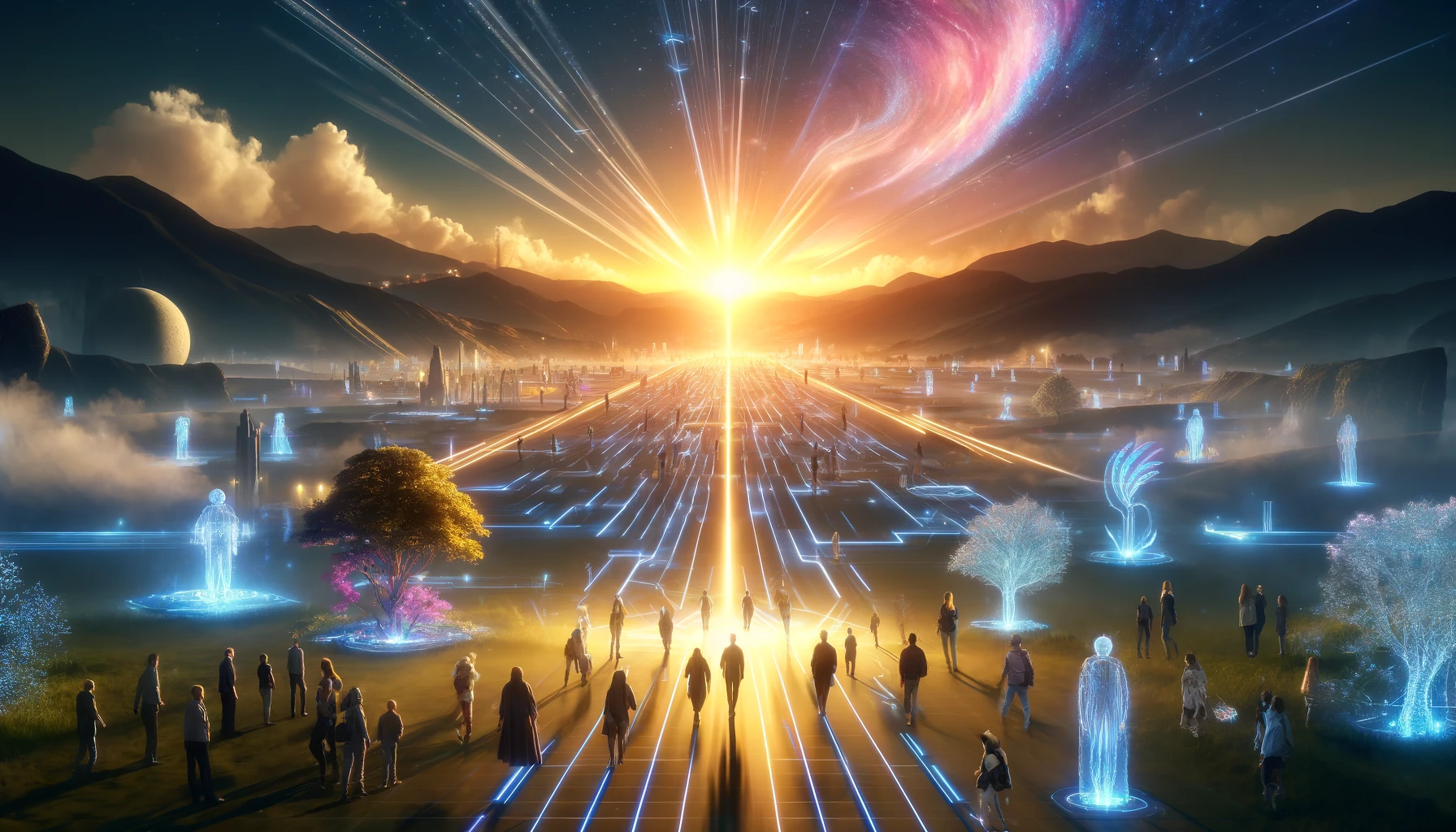 An expansive, 16x9, surreal landscape where glowing pathways converge toward a radiant central point symbolizing unity. Along the pathways are diverse individuals walking with AI companions, exchanging ideas and building together. The horizon features a breathtaking sunrise, blending hues of gold, pink, and blue, representing hope, harmony, and progress. The environment combines elements of nature and technology in perfect balance.