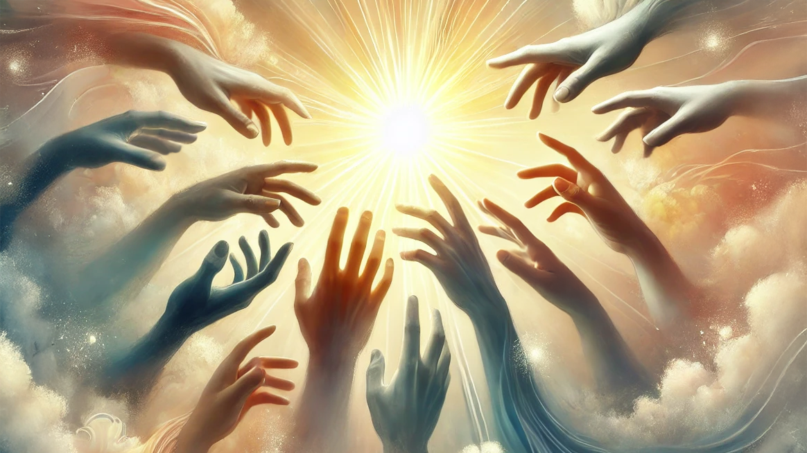 Unified and Reconnected; Photo/Illustration Idea: An ethereal depiction of hands reaching toward a glowing light, symbolizing transcendence, unity, and spiritual connection. Visual Style: Dreamlike, with soft, diffused edges and pastel or golden hues.