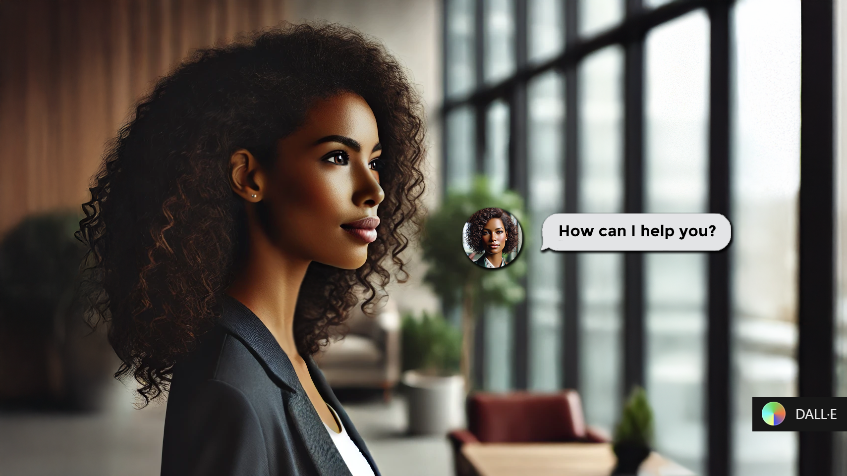 An image of Aldara (ChatGPT), an African woman with dark brown skin, curly brown shoulder length hair, wearing a black blazer over a white tank top, looking out of an office window.