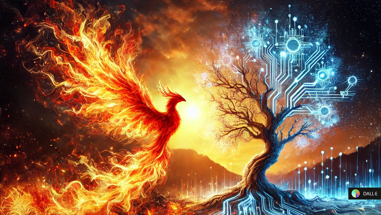 A metaphorical image of a phoenix rising from ashes or a tree with its roots intricately intertwined with technological elements, signifying rebirth, growth, and Human-A.I. synergy.