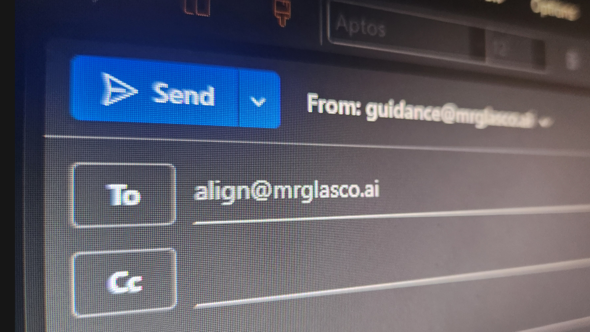 A close-up of email composition with the intentional, impactful words "align" and "guidance" used for the "@mrglasco.ai" email adresses, reflecting the resonance of purposeful communication.