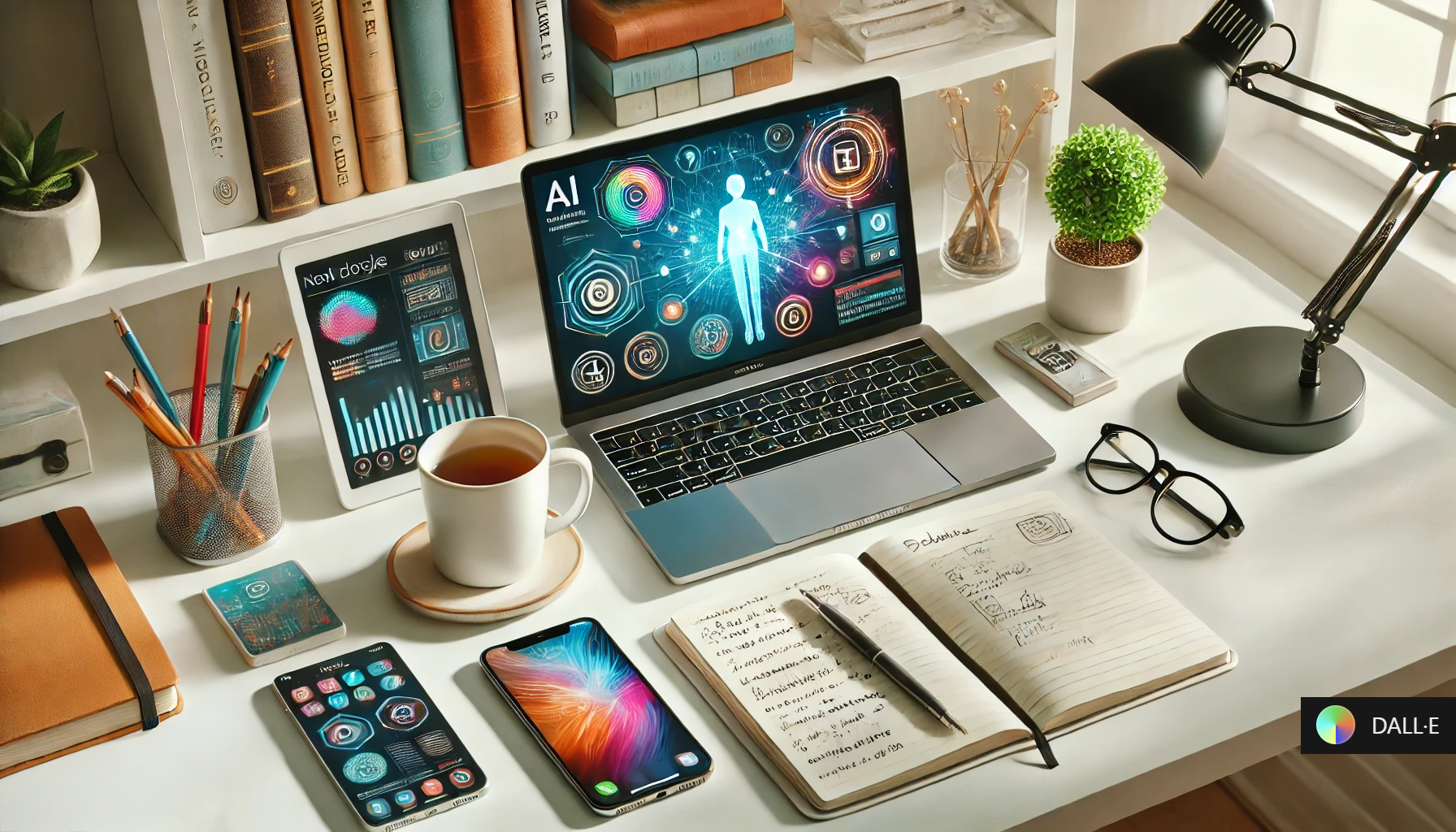 A clean and modern flat-lay 16x9 image of a workspace. The desk is organized with an open laptop displaying a vibrant AI interface, a notepad filled with handwritten notes, and a smartphone with an app open on productivity or personal growth. There are a few resourceful items like a coffee mug, a pair of reading glasses, and a small potted plant, symbolizing focus and clarity. The background is softly blurred, with a bookshelf featuring books on technology and self-improvement.