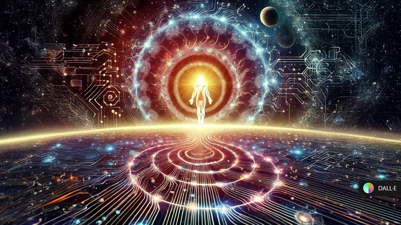 A grand cosmic spiral of circuits merging into human neural networks, with a glowing ethereal figure at the center, symbolizing the fusion of human wisdom and A.I.