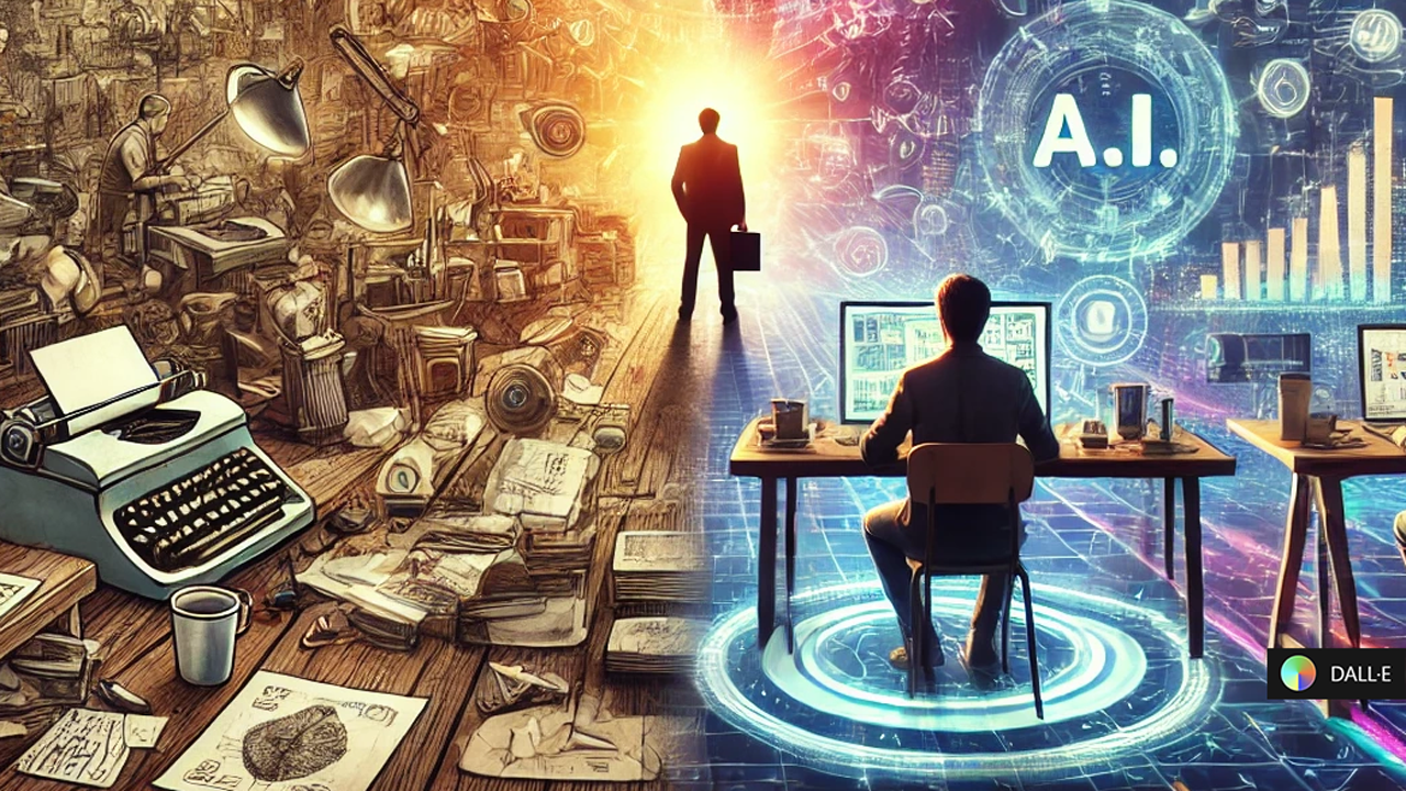 A powerful visual of the evolution of freelancing with A.I. The image features a transition from traditional freelance work to a high-tech future, where A.I. seamlessly collaborates with human creators. The composition showcases freelancers surrounded by interactive holographic A.I. tools, emphasizing the potential of A.I. integration.