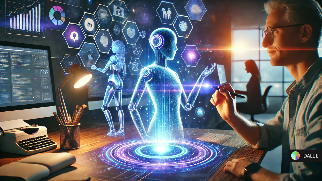 A futuristic depiction of freelancers integrating A.I. into their workflow. The image features a glowing digital interface where a human and an A.I. assistant collaborate on a creative project. The atmosphere is inspiring, symbolizing innovation, growth, and a new era of freelancing. The color scheme incorporates blues and purples with a high-tech yet approachable aesthetic.