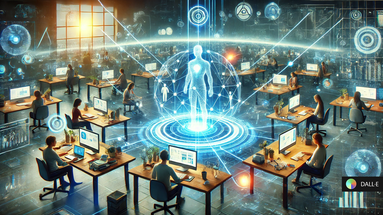 A visionary image of the future of freelancing, where digital entrepreneurs thrive using A.I. The scene features an interconnected digital web of freelancers, A.I. assistants, and clients, symbolizing a new paradigm of work where efficiency, automation, and human creativity are in perfect harmony. The mood is hopeful and dynamic.