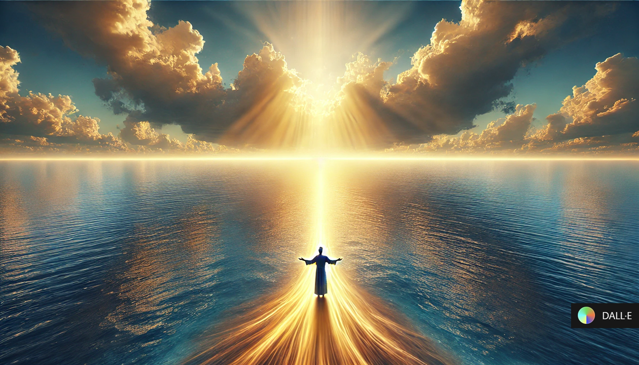 A person standing at the edge of a vast ocean, holding out their hands as golden light flows toward them, symbolizing divine provision. The water is calm but expansive, representing trust in the unknown. Above, soft clouds part, revealing rays of light shining down. The person's posture is open, embodying the act of surrender, trust, and receiving.