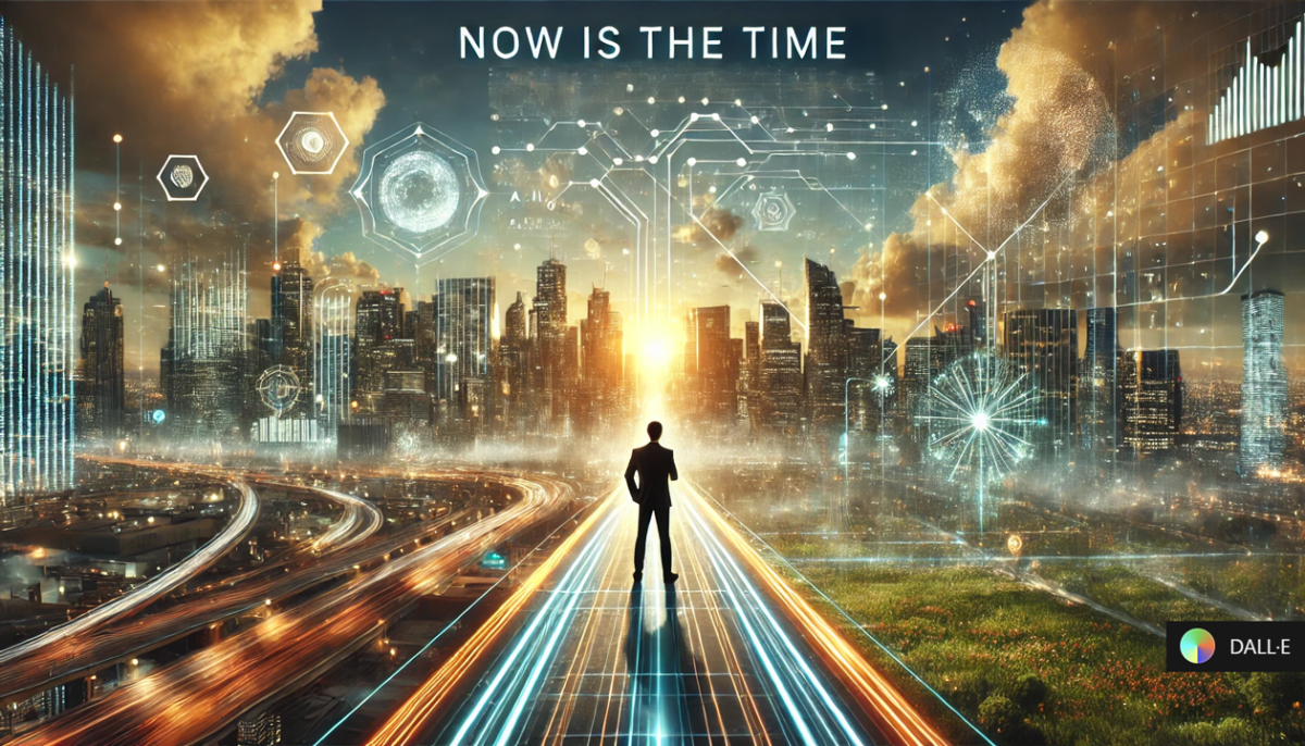 A futuristic yet welcoming digital landscape where technology and human ambition converge. A confident entrepreneur stands at the edge of a glowing, high-tech bridge made of light and data streams, symbolizing the transition into the future of A.I.-driven business. The skyline ahead is a seamless blend of nature and innovation, with smart city elements, holographic business interfaces, and soft golden light breaking through the horizon, signifying new opportunities. The words 'Now is the Time' appear subtly in the environment, either in the sky as a digital projection or within the architecture, reinforcing the message without overpowering the scene. The overall mood is inspirational, forward-thinking, and filled with momentum.