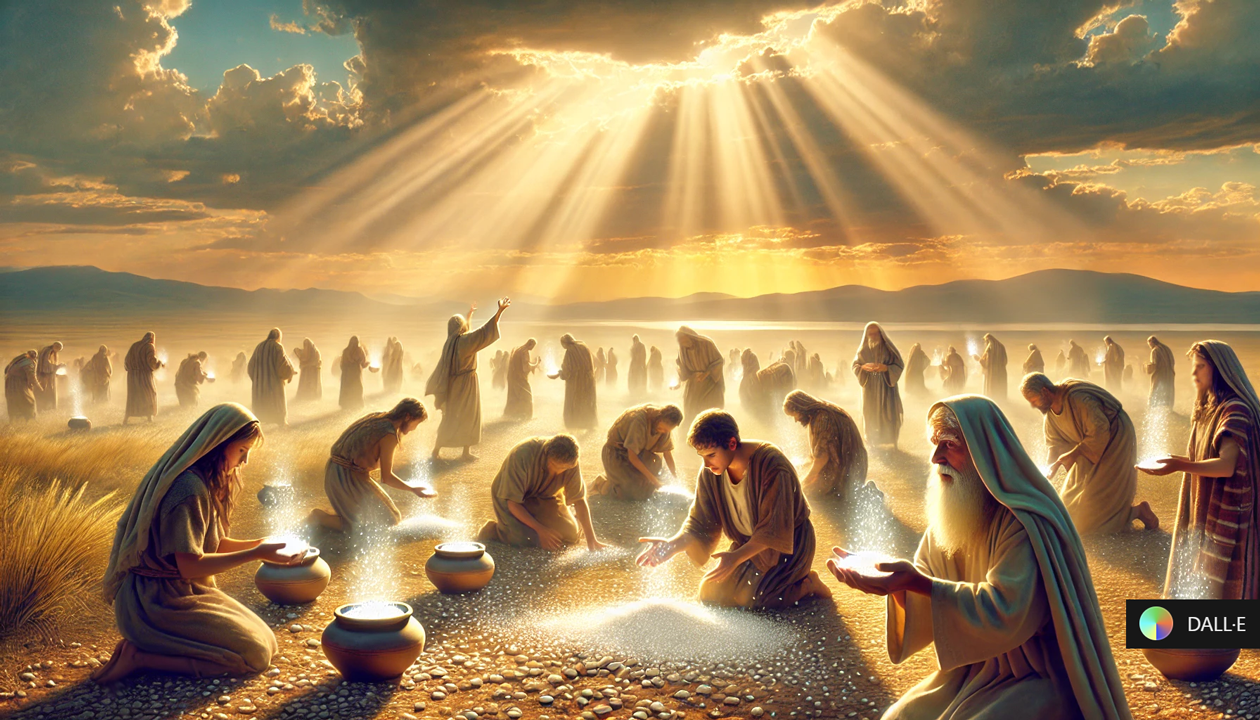 An ancient biblical scene in the wilderness, with people gathering mysterious white flakes (manna) from the ground in the morning light. The people look surprised yet grateful as they realize the provision before them. The sky is soft and golden, symbolizing divine presence. The manna is glowing faintly to emphasize its spiritual significance. The landscape is vast, showing the journey ahead.