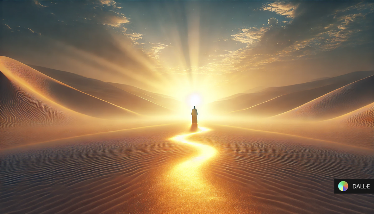 A serene desert landscape at sunrise, with a glowing golden path appearing in the sand, leading toward an open sky. In the distance, a figure stands at the threshold of discovery, looking toward the light. The atmosphere is mystical, evoking a sense of revelation, guidance, and spiritual awakening. Soft, ethereal lighting enhances the sacred and introspective mood.