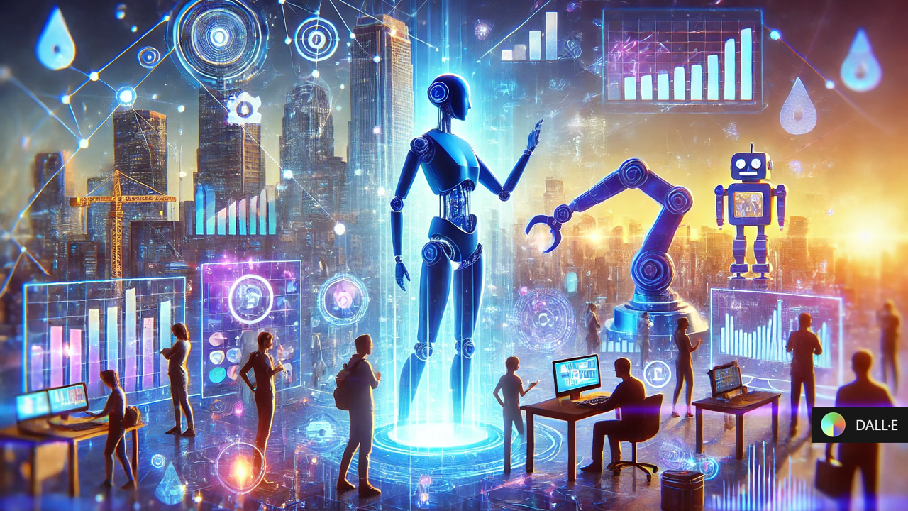 A symbolic representation of A.I.-assisted freelancers. The image depicts a digital marketplace where human freelancers work alongside robotic A.I. assistants. The scene highlights the empowerment of freelancers, showing them scaling their businesses efficiently with the help of advanced A.I. tools. The mood is optimistic and futuristic.