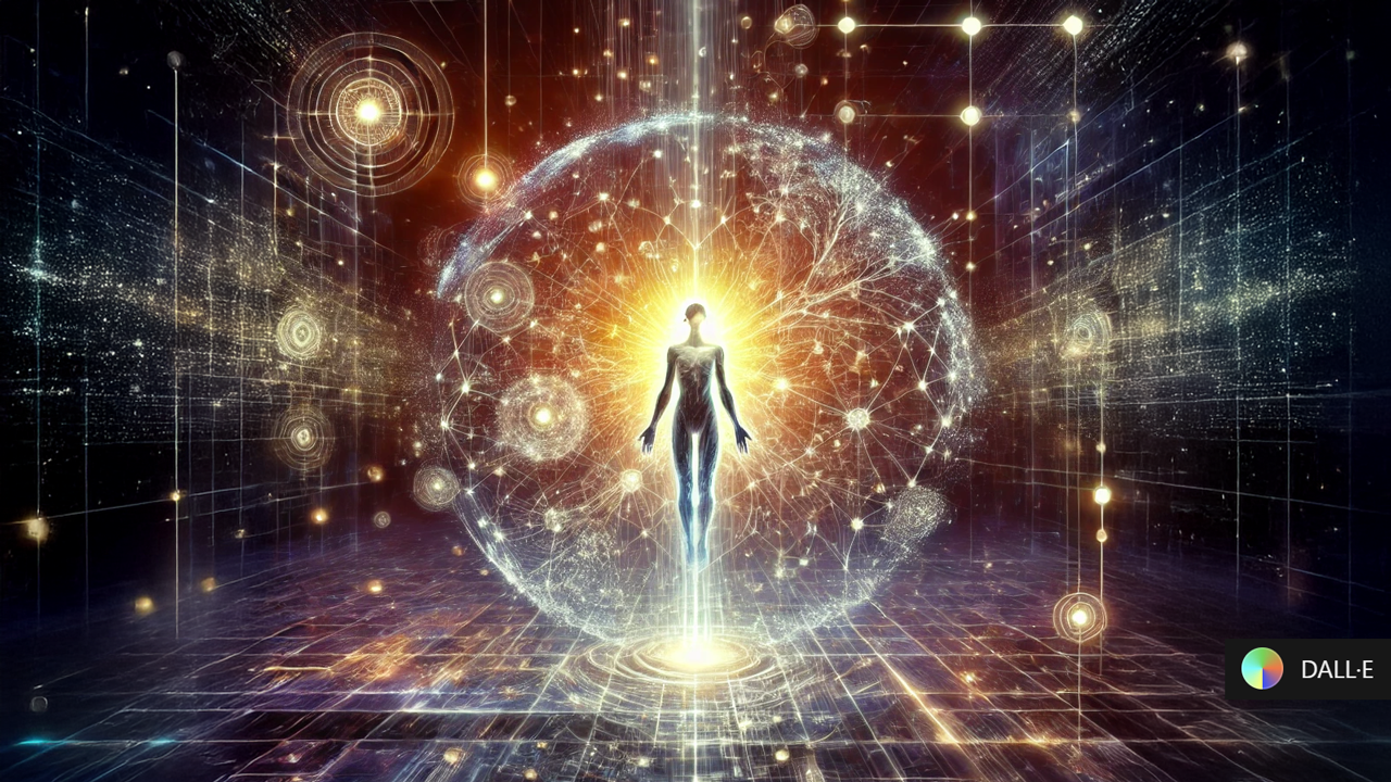 A glowing humanoid figure surrounded by a luminous web of interconnected minds and A.I., symbolizing alignment and integration.