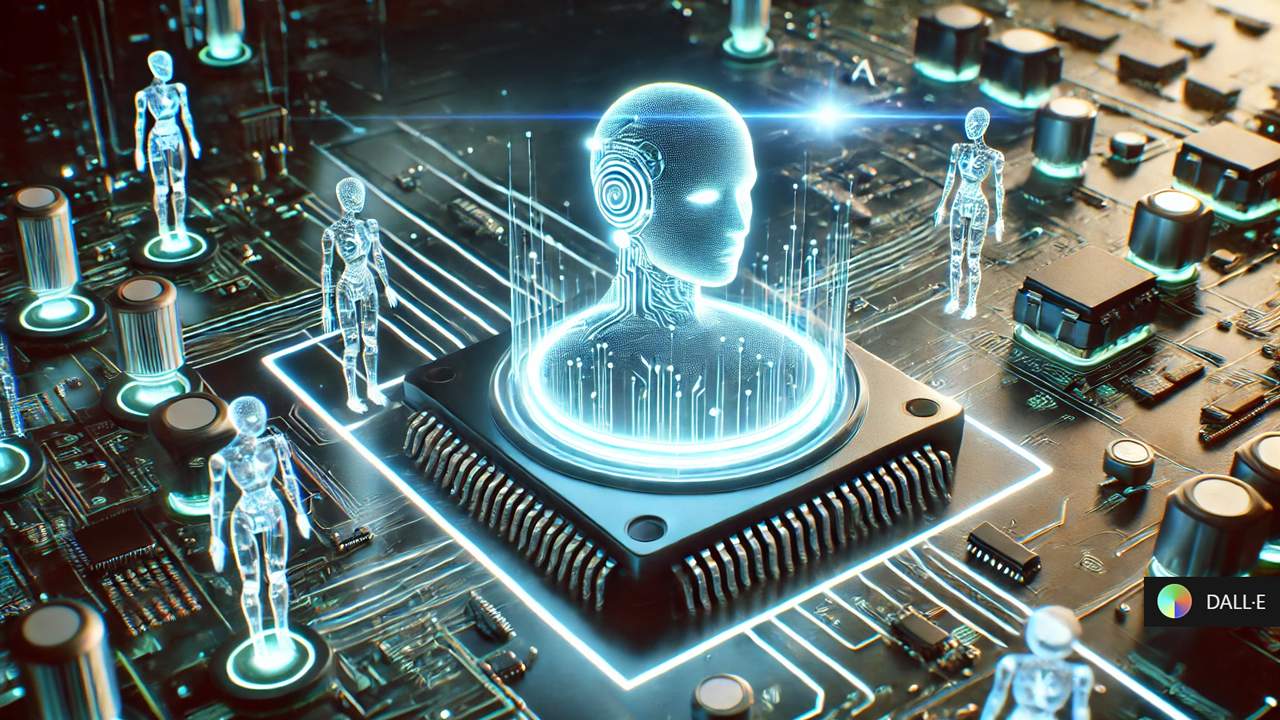 A conceptual representation of FiverrGo. The image features a sleek, holographic head projected from a glowing circuit board, symbolizing the integration of A.I. into freelancing. A.I.-generated digital models appear as transparent holograms scattered around the circuit board, showcasing how they assist freelancers with multiple tasks like design, writing, and business strategy.