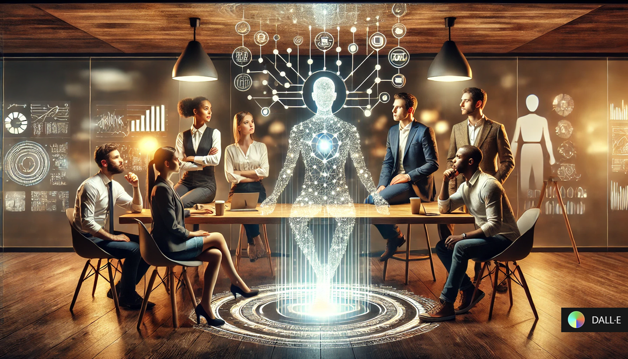 A dynamic and diverse group of professionals gathered around a futuristic digital interface displaying interconnected A.I. nodes. The group includes a business analyst, a creative entrepreneur, a fitness coach, an artist, and a strategist, all visibly engaged in discussion and idea-sharing. The A.I. interface glows softly, signifying collaboration rather than replacement. The environment is modern, warm, and professional, symbolizing innovation and inclusivity.