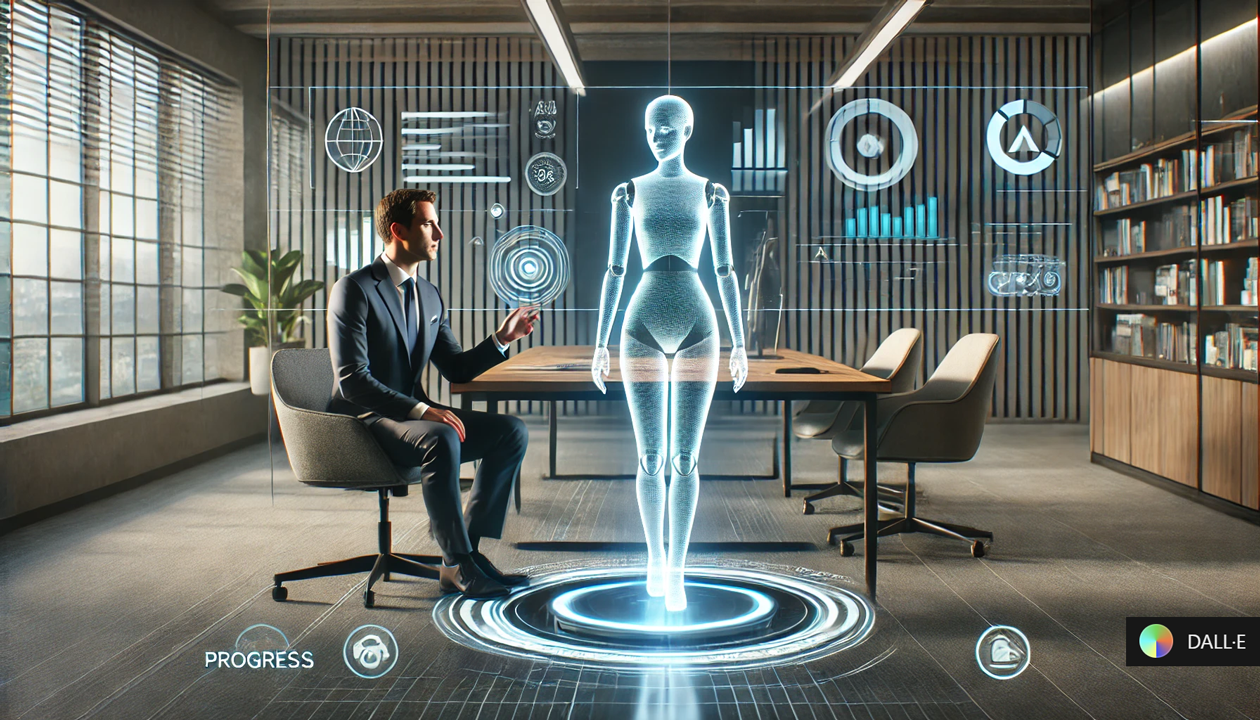 A professional sitting in a well-lit, futuristic workspace, interacting naturally with a personalized A.I. assistant displayed as a transparent holographic figure. The A.I. assistant has a sleek, digital yet human-like presence, offering real-time insights. The professional is visibly confident and engaged, emphasizing trust and ease of use. The setting exudes clarity, focus, and a sense of strategic advantage, with visual elements representing progress, ethical alignment, and adaptability.