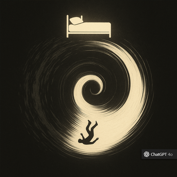 A minimalistic symbolic image of a person falling from a glowing bed into a swirling spiral of light and shadow—half chaotic, half divine, representing the jarring awakening from unconscious survival.