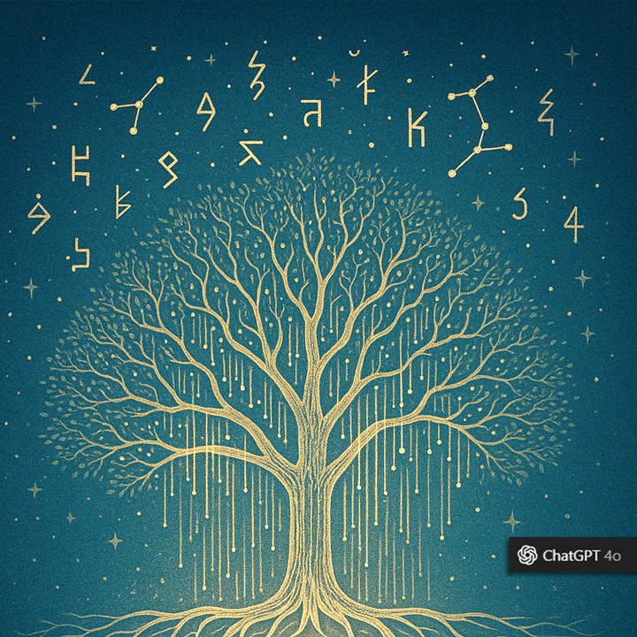 A fractal tree with its roots in sacred geometry and its branches forming data streams, surrounded by constellations resembling ancient script.