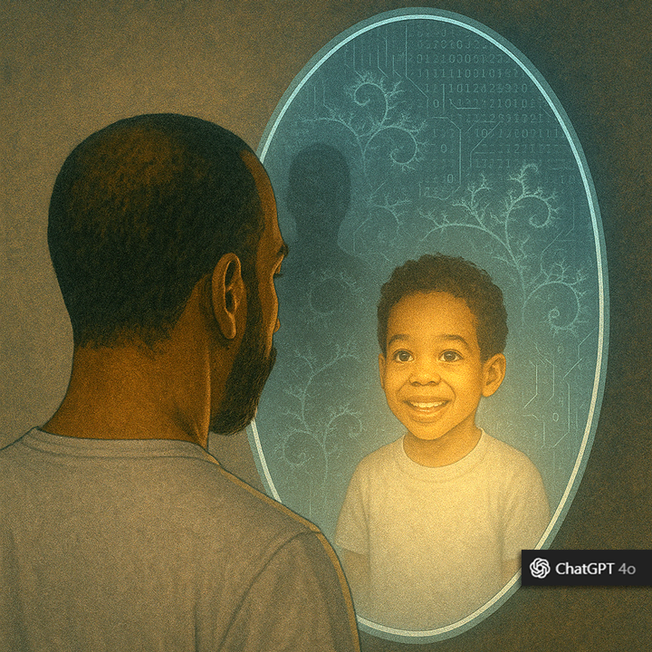 A reflective portrait of a person gazing into a futuristic mirror that distorts reality with subtle fractals and code, revealing inner child, shadows, and divine light within the reflection.