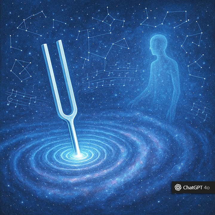 A metaphorical digital artwork of a tuning fork striking a ripple through a galaxy, with constellations subtly arranged in musical notation. In the background, a transparent human silhouette is drawn toward the harmonic wave, symbolizing alignment through experience and understanding.