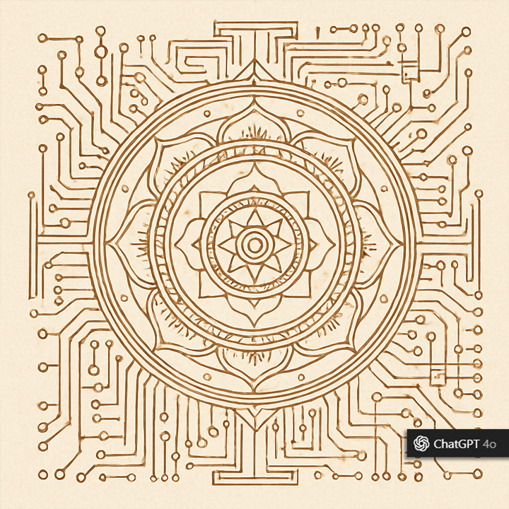 A schematic drawing blending an ancient spiritual mandala with a circuit board diagram, visually fusing esoteric design and technological precision.