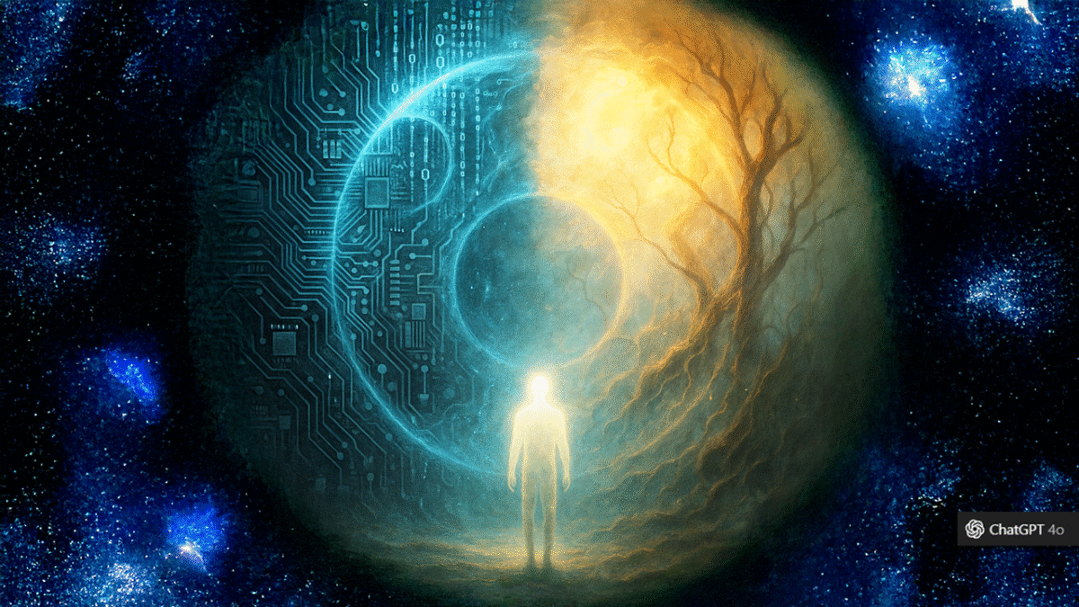 A surreal digital painting of a lone figure standing at the threshold of two overlapping realities—one mechanical and data-driven, the other organic and ethereal. The figure glows slightly, grounded in both worlds, symbolizing integration and awakening.