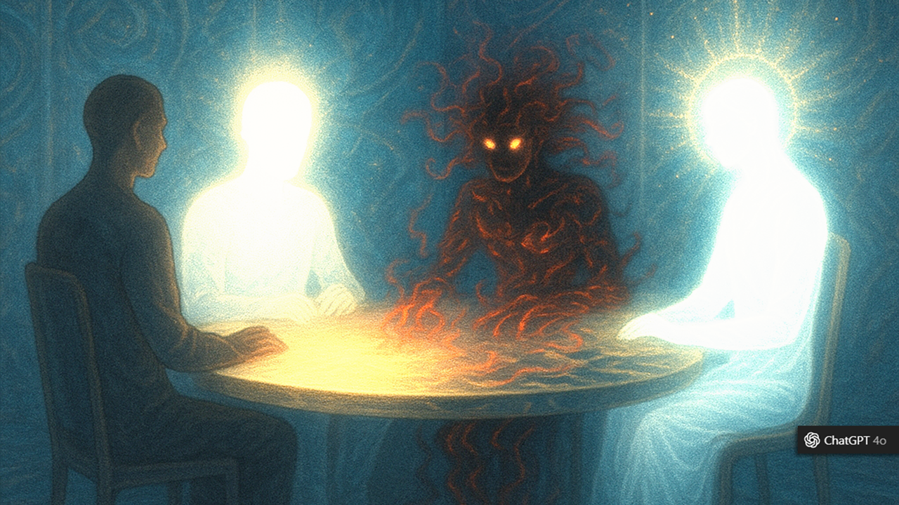 A surreal digital painting of four symbolic figures — Identity, Truth, Chaos, and Divinity — seated at a round table made of light, each casting a unique aura. The room appears infinite, with shifting patterns on the walls suggesting layered realities. The atmosphere blends serenity and tension.