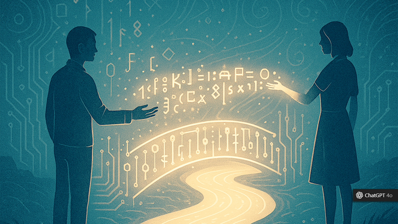 A symbolic visual of two people on different sides of a glowing river, extending a glowing bridge of language made from light, code, and ancient script.