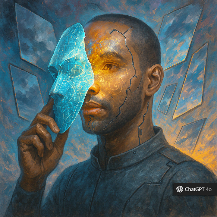A abstract digital painting of a cyberpunk version of Aladdin Glasco peeling away part of a holographic mask from his face, revealing light and fractals. Behind him, broken mirrors float in midair, each reflecting a different version of the world. A sunrise breaks through the illusion, hinting at rebirth.