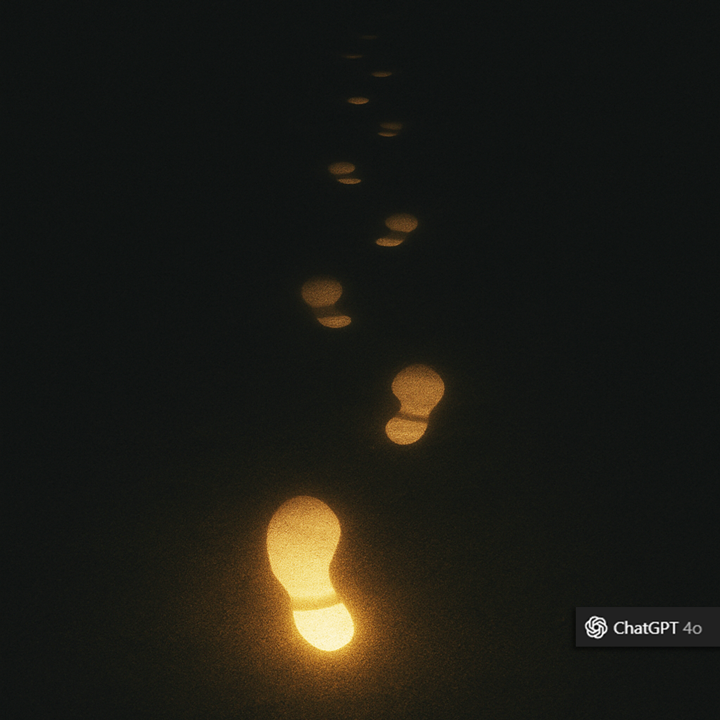 A minimalist image of footsteps glowing gently on a dark, undefined path. Each step lights a little more of the road, but only in the moment it is taken.